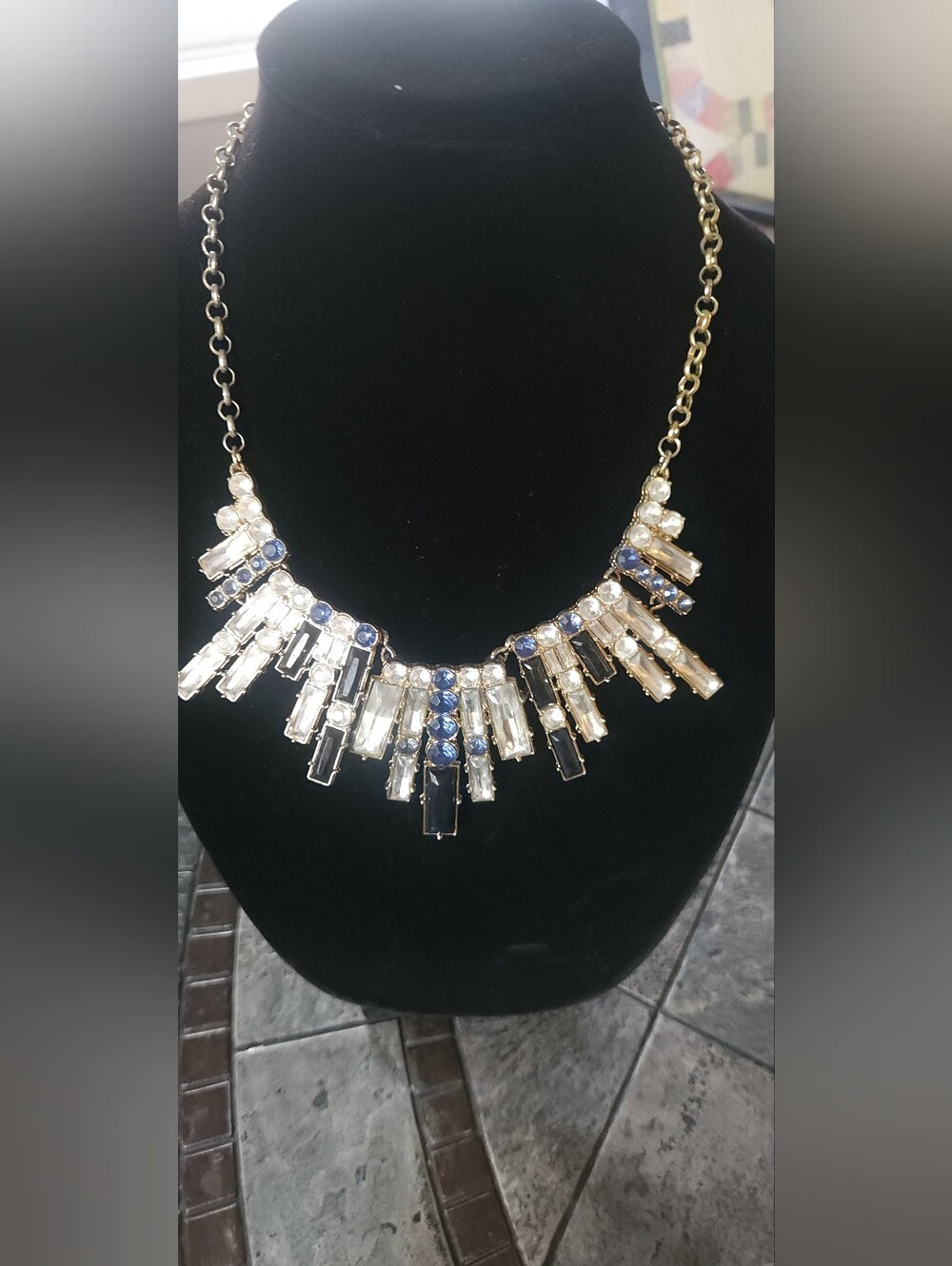 Avon Blue Black Clear Crystal Art Deco Statement Bib Necklace